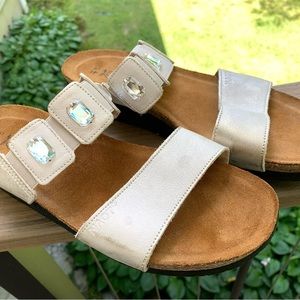 Naot 10/41 Silver Leather Comfort Slide Wedge Sandal Michele